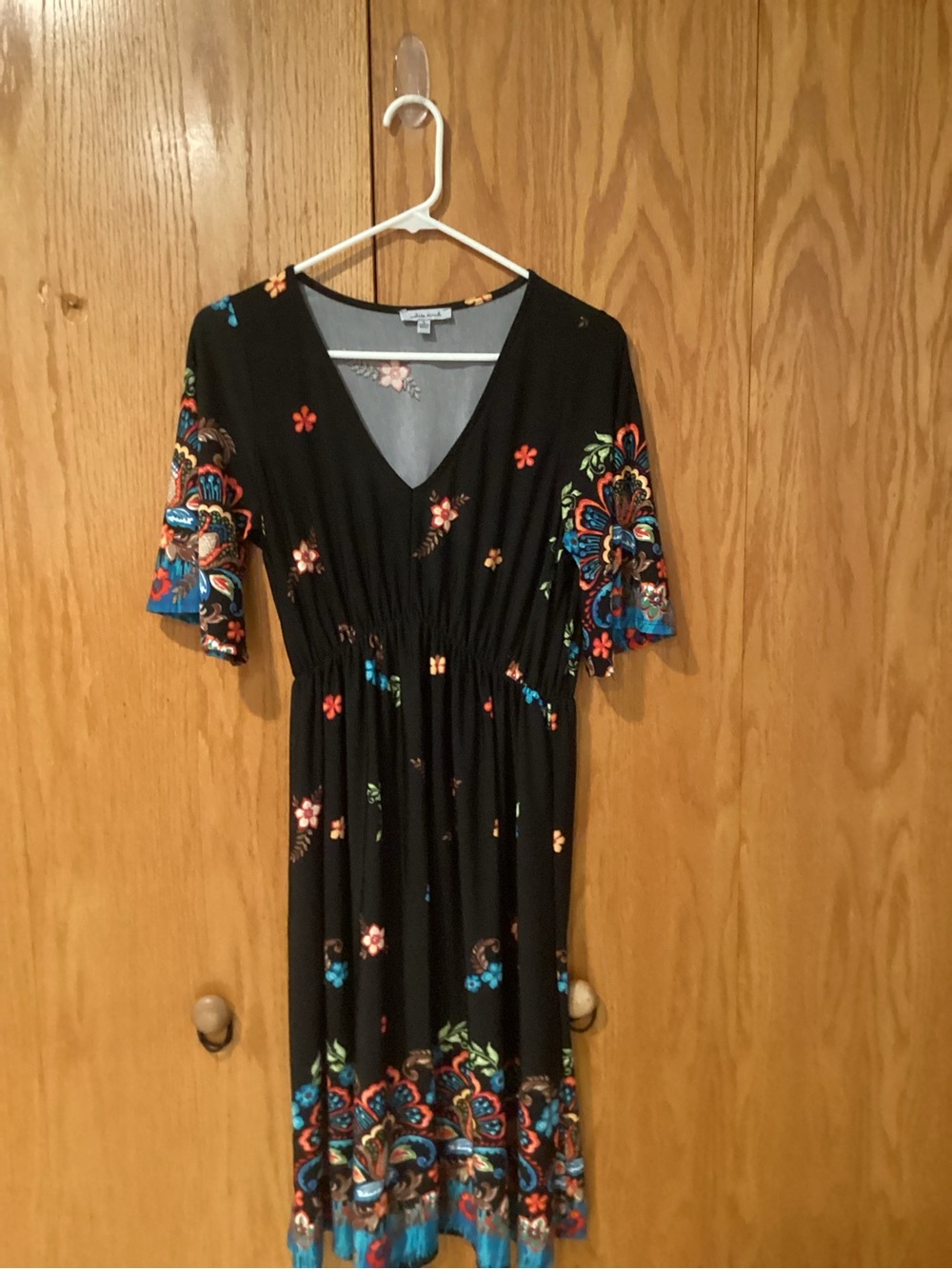 white birch Black Midi Dress with Multicolored Floral Border